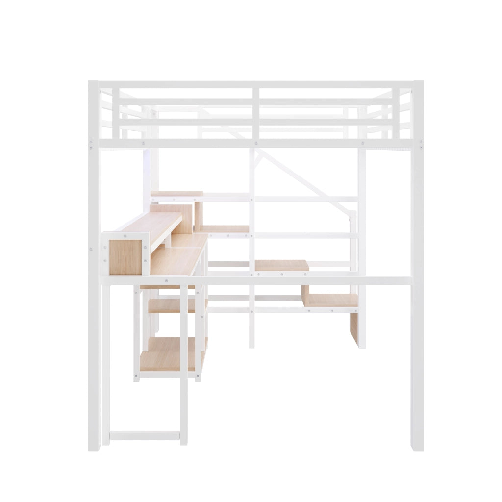 Letto a soppalco 140 × 200 cm con scala, ripiano, USB e type-c, LED in metallo e MDF bianco
