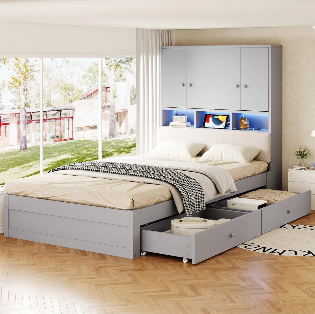 Letto singolo multifunzione 90x200 cm con contenitore; LED; presa e cassetti; grigio