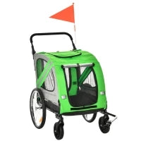 Rimorchio Bici e Passeggino per Cani 2 in 1 in Acciaio e Tessuto Oxford con Catarifrangenti, Verde