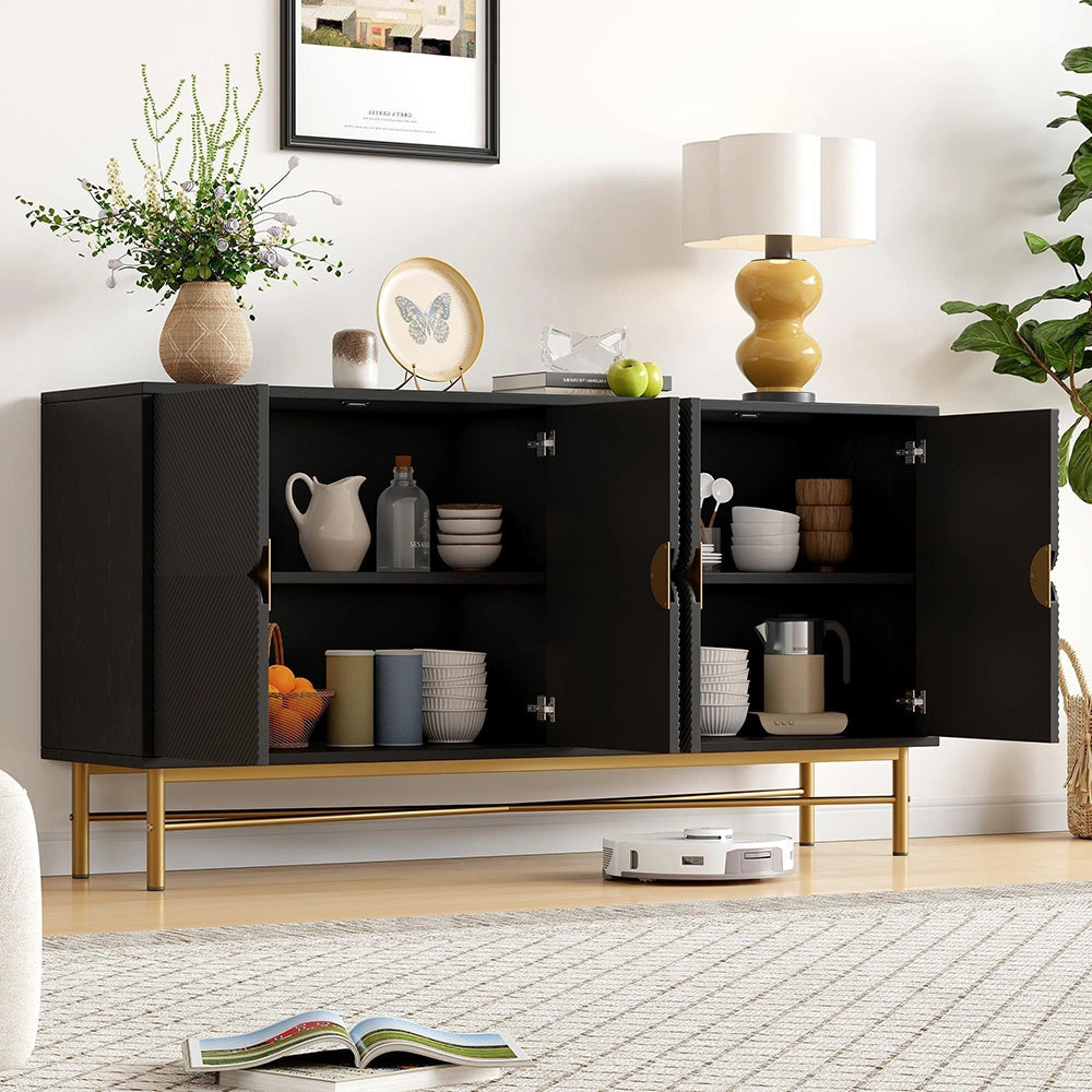 Credenza 160cm Texturizzata - Xylo - 4 Ante con Maniglie Oro, Colore Nero