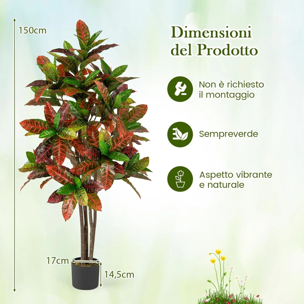 Pianta Finta di Croton 150 cm, Albero Artificiale da Interno ed Esterno, Pianta Tropicale in Vaso con Foglie Sfumate Finte, Ideale per Casa e Ufficio