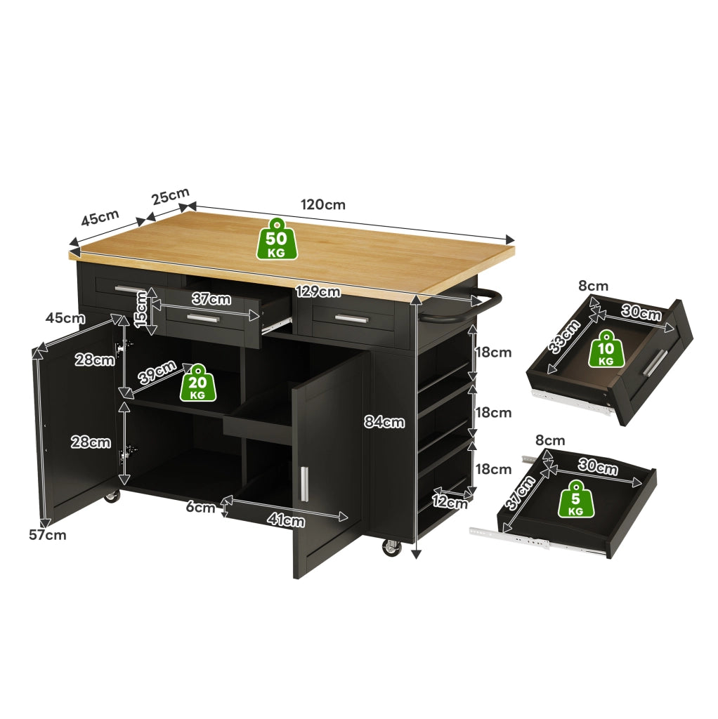 Isola cucina con piano ribaltabile 120x45(70)x84 cm in MDF naturale e nero; con ruote