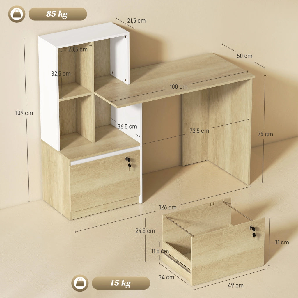 Scrivania con libreria e cassetto ¨C zephmum ¨C quercia e bianco 126x50x109 cm