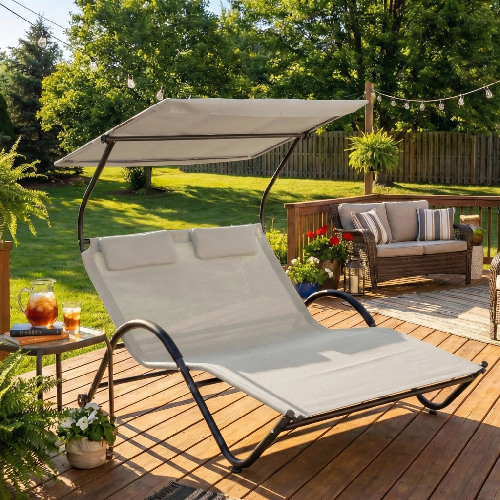 Chaise Longue da Esterno con Cuscino e Ruote ¨C Zephmum ¨C Grigio Poliestere Acciaio 200x60x40