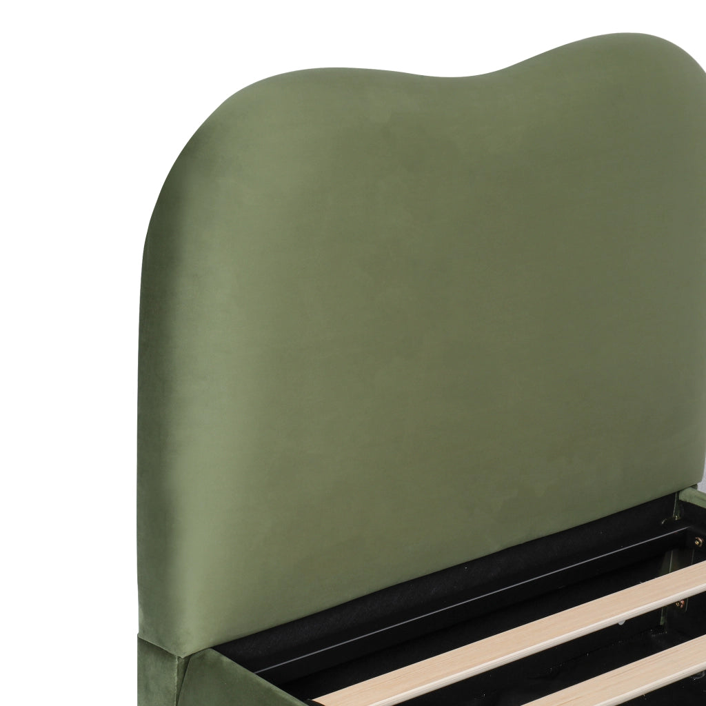 Letto imbottito per bambini con contenitore, rete a doghe, velluto verde
