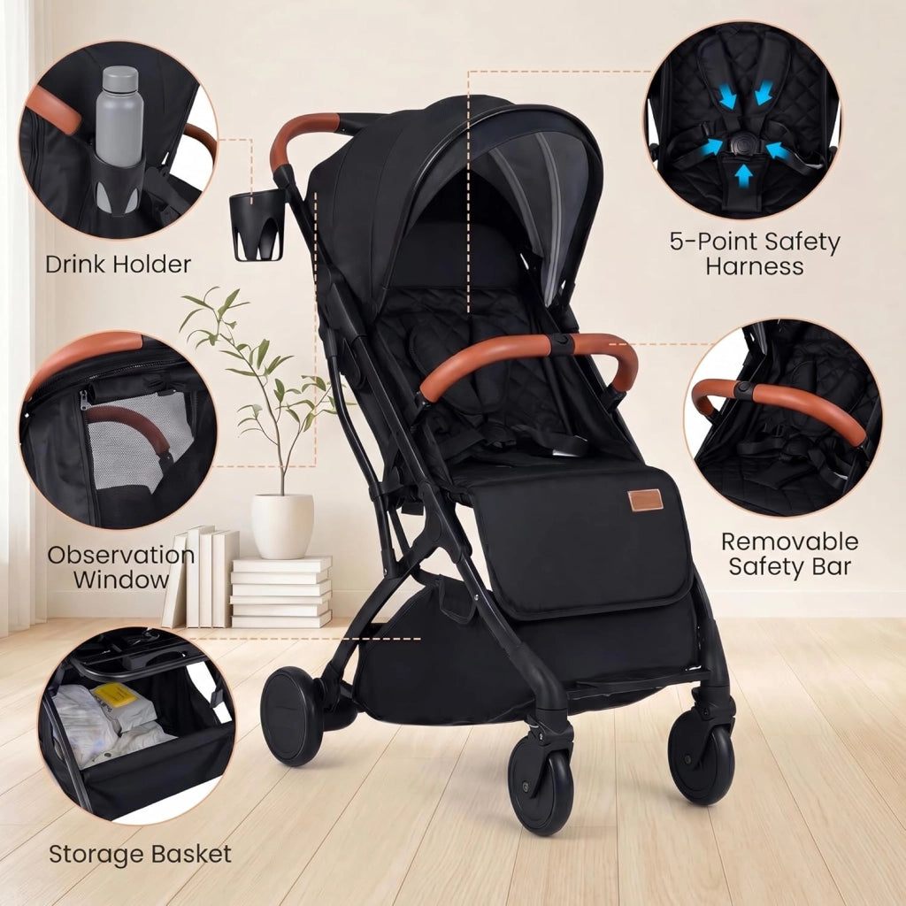 Passeggino Leggero per Bambini e Neonati, Passeggino Pieghevole e Portatile con Ruote, Schienale Regolabile, Tettuccio, Cintura di Sicurezza, Cesto e Copertura Antipioggia (Nero)