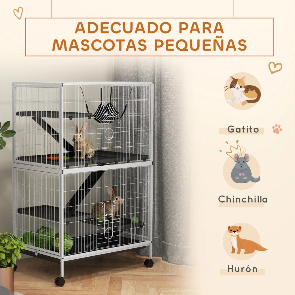 Gabbia per Criceti e Piccoli Animali con Ruote Rampe Amaca e Vassoio Estraibile ¨C Xylo ¨C 80x52x128 cm Bianco