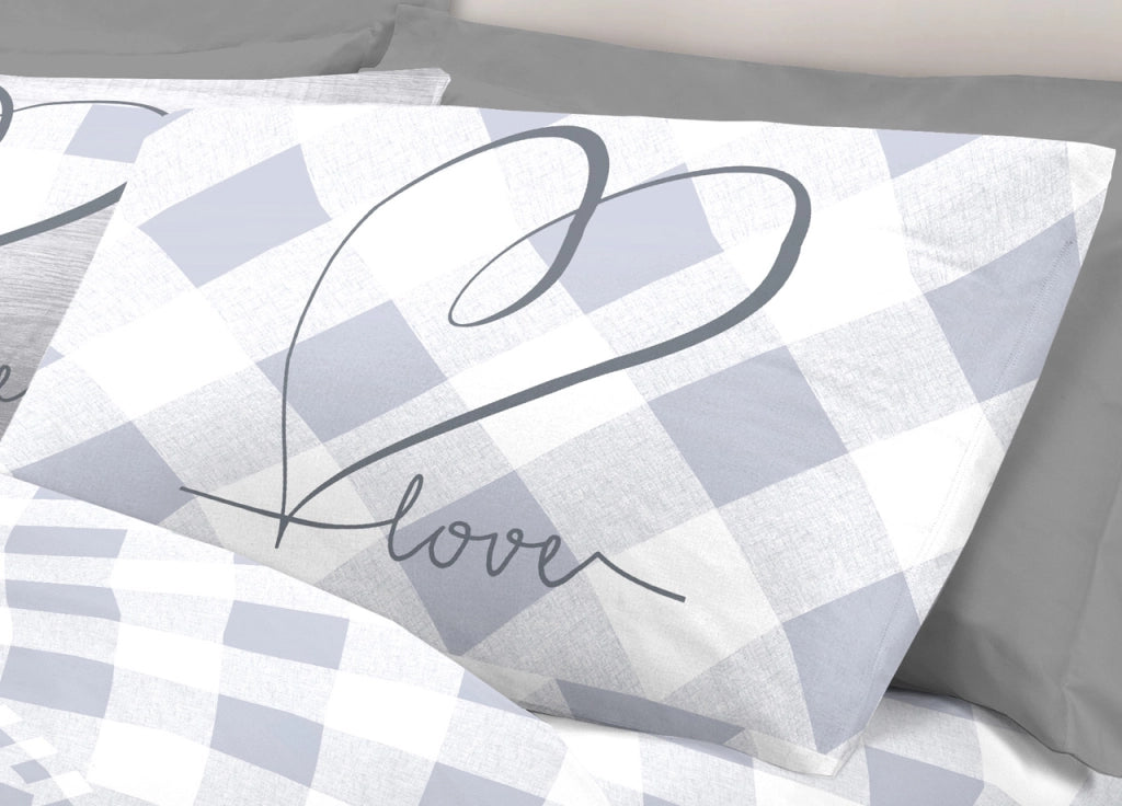 Completo Lenzuola Letto Pensieri Delicati 100% Cotone Dis.Lovely Check - Singolo - Grigio