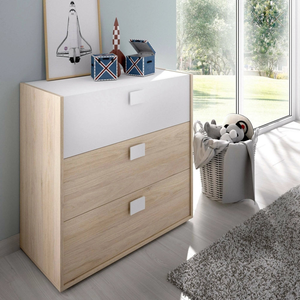 Cassettiera Alibaba, Settimanale per camera da letto, ComÒ² con 3 cassetti, 80x43h81 cm, Rovere e Bianco