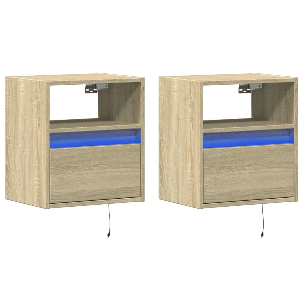 Set di 2 Comodini | Armadio da Notte | Mobiletto da notte a Parete con luci LED Rovere Sonoma