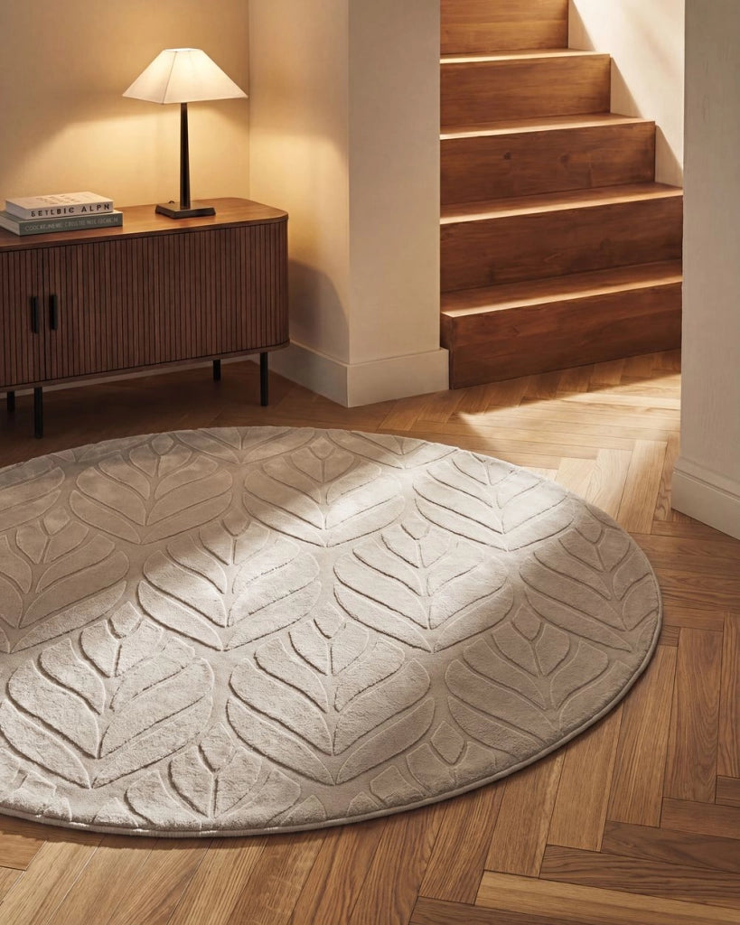 Tappeto in pelliccia sintetica di coniglio, beige, in poliestere, rotondo da 160 cm, morbido e a pelo lungo, con motivo a foglie
