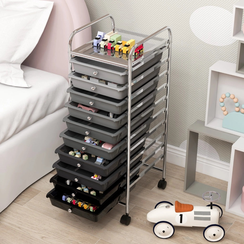 Carrello cassettiera multiuso con 10 cassetti da cucina-Contenitore con ruote a 10 ripiani per bagno Grigio