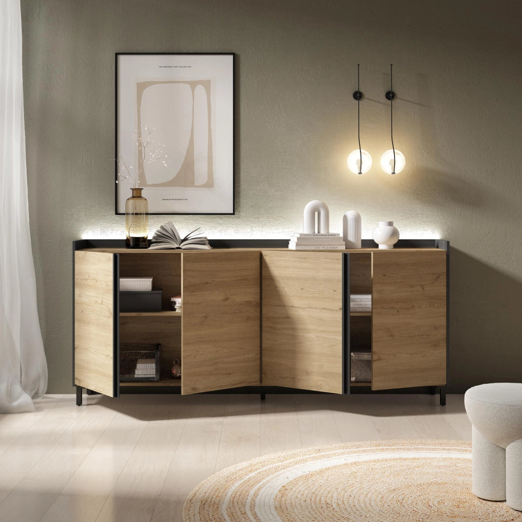 Credenza, Mobile, Cucina, 207x91x35 cm, 4 Porte, Design industriale, LED, Rovere e nero