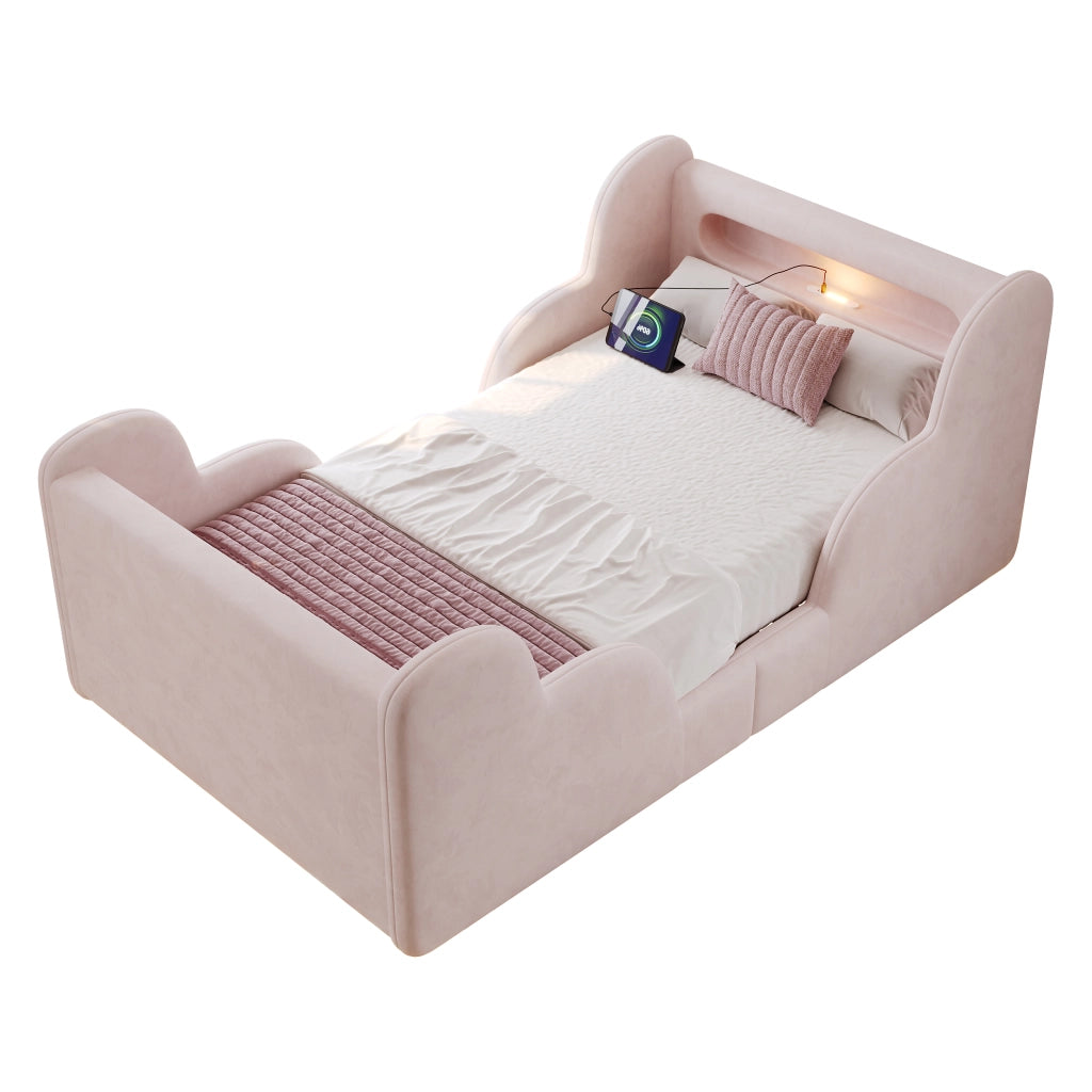 Letto singolo per bambini 90x200 cm in velluto rosa con luce notturna e USB