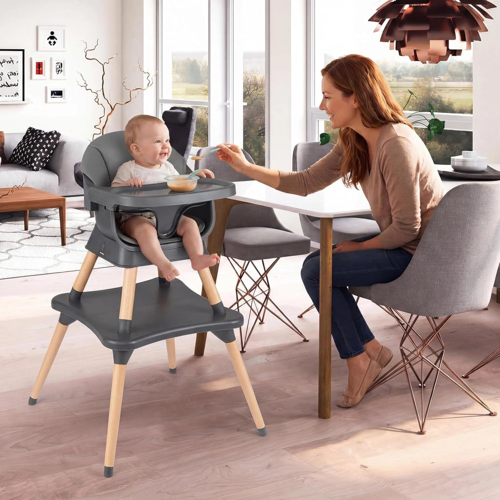 Seggiolone Pappa per Bambini, Seggiolone Convertibile con Cintura e Vassoio Rimovibile, Sedia Evolutiva per Neonati, Telaio in Legno Massello, per Neonati 6-36 Mesi (Grigio Scuro)