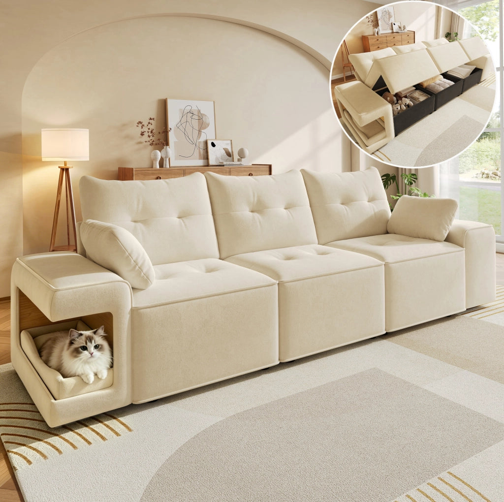 Divano modulare a 3 posti in velluto beige con contenitore; 229;5 cm; con 2 cuscini