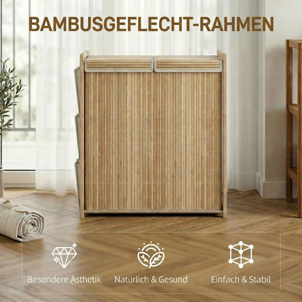 Cesto per il bucato in bamb¨´ con sacco a cordino rimovibile e tasche laterali ¨C Minimal ¨C 120L Naturale