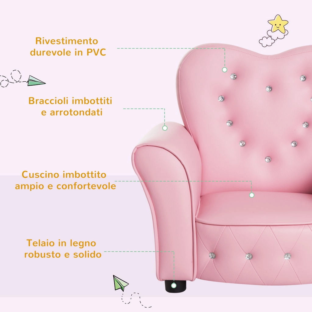 POLTRONCINA PER BAMBINI IMBOTTITA CON STRUTTURA IN LEGNO 59X41.5X49CM ROSA
