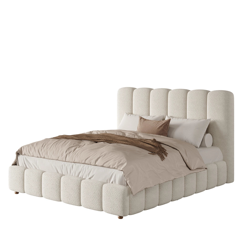 Letto matrimoniale 140x200 cm con contenitore idraulico e rete a doghe; bouclé bianco