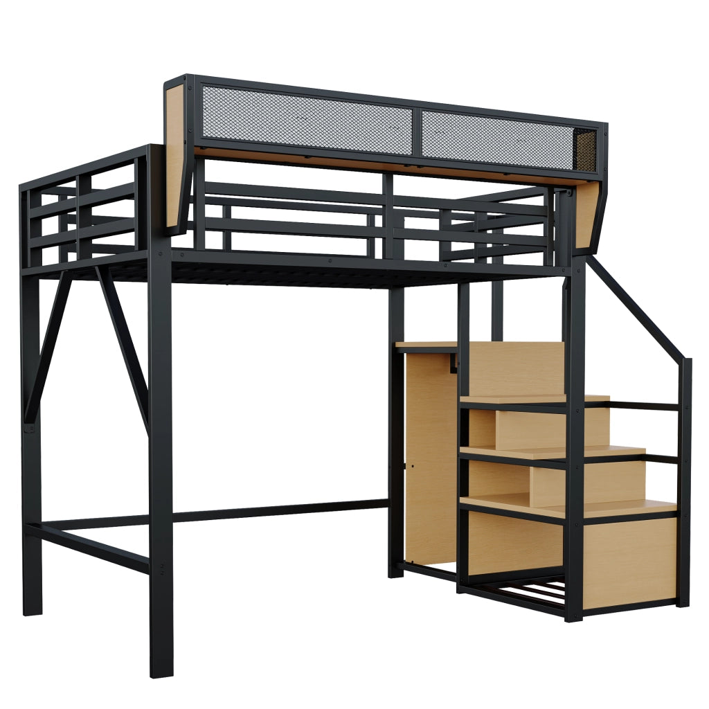 OKWISH Letto a Soppalco 140×200 cm, Letto Matrimoniale con Scala di Sicurezza, Mensola Regolabile e Spazio Libero 140 cm, senza Materasso, Nero