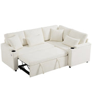 Divano angolare letto con contenitore; portabicchieri; USB e cuscini in chenille beige