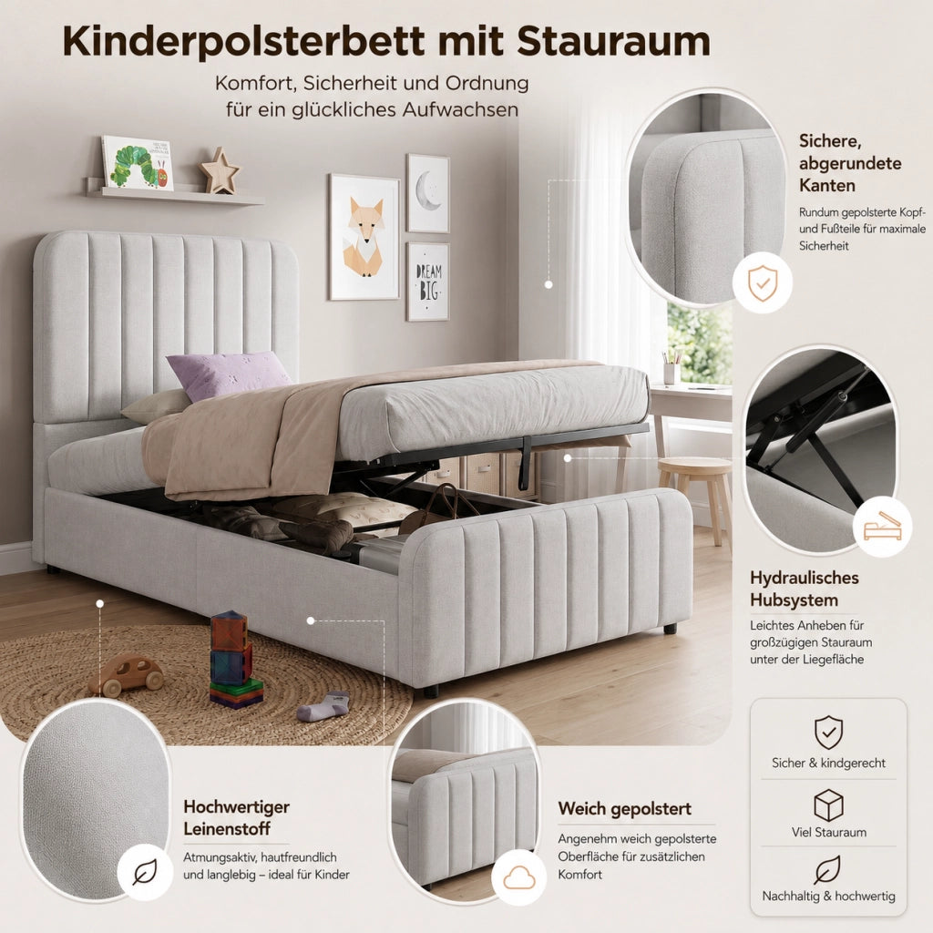 DESMIU Letto contenitore 1 posto 90 × 200 cm con sollevamento idraulico, 2 colli, senza materasso, in lino grigio