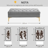 Panca Imbottita Fondoletto in Tessuto Vellutato e Base in Metallo Dorato, 118x45x42cm, Grigio