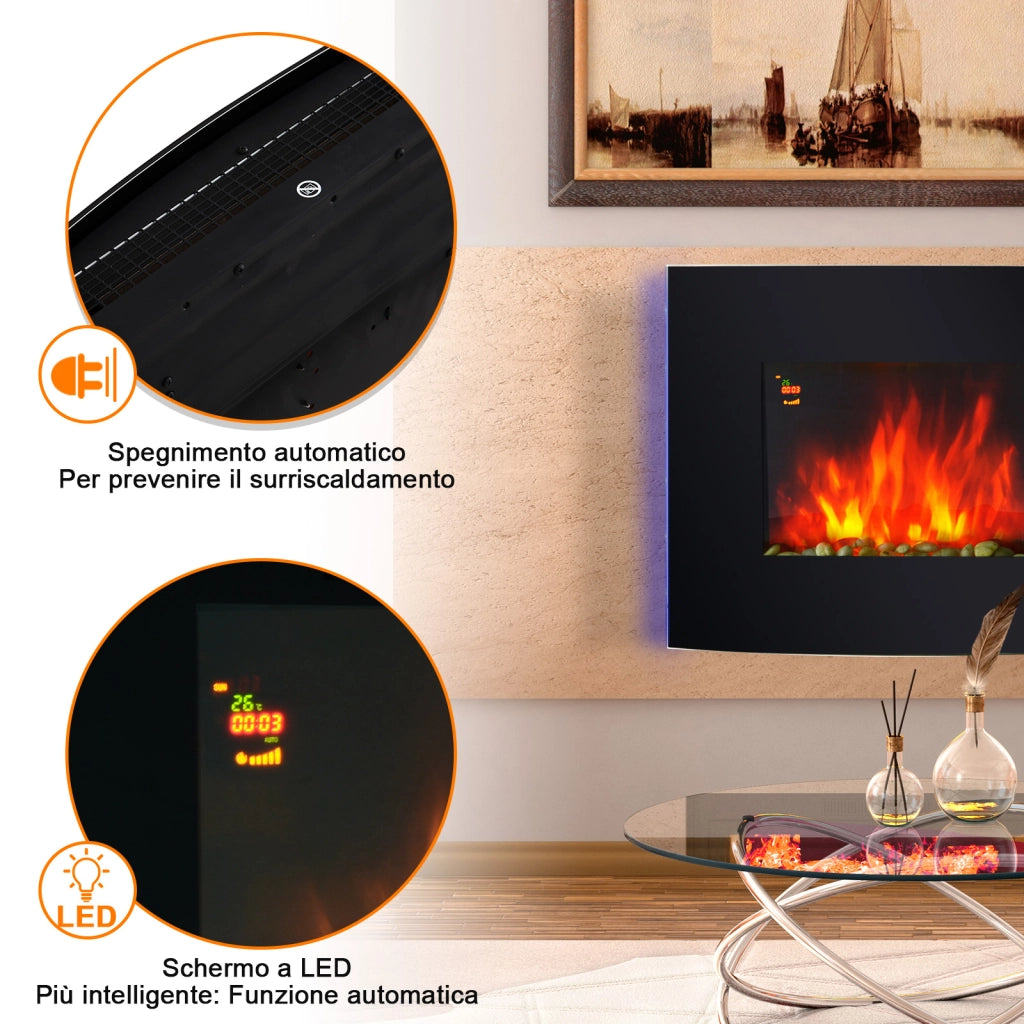 EasyComfort Camino Elettrico da Parete Potenza 1000W/2000W Effetto Fiamma 7 Colori