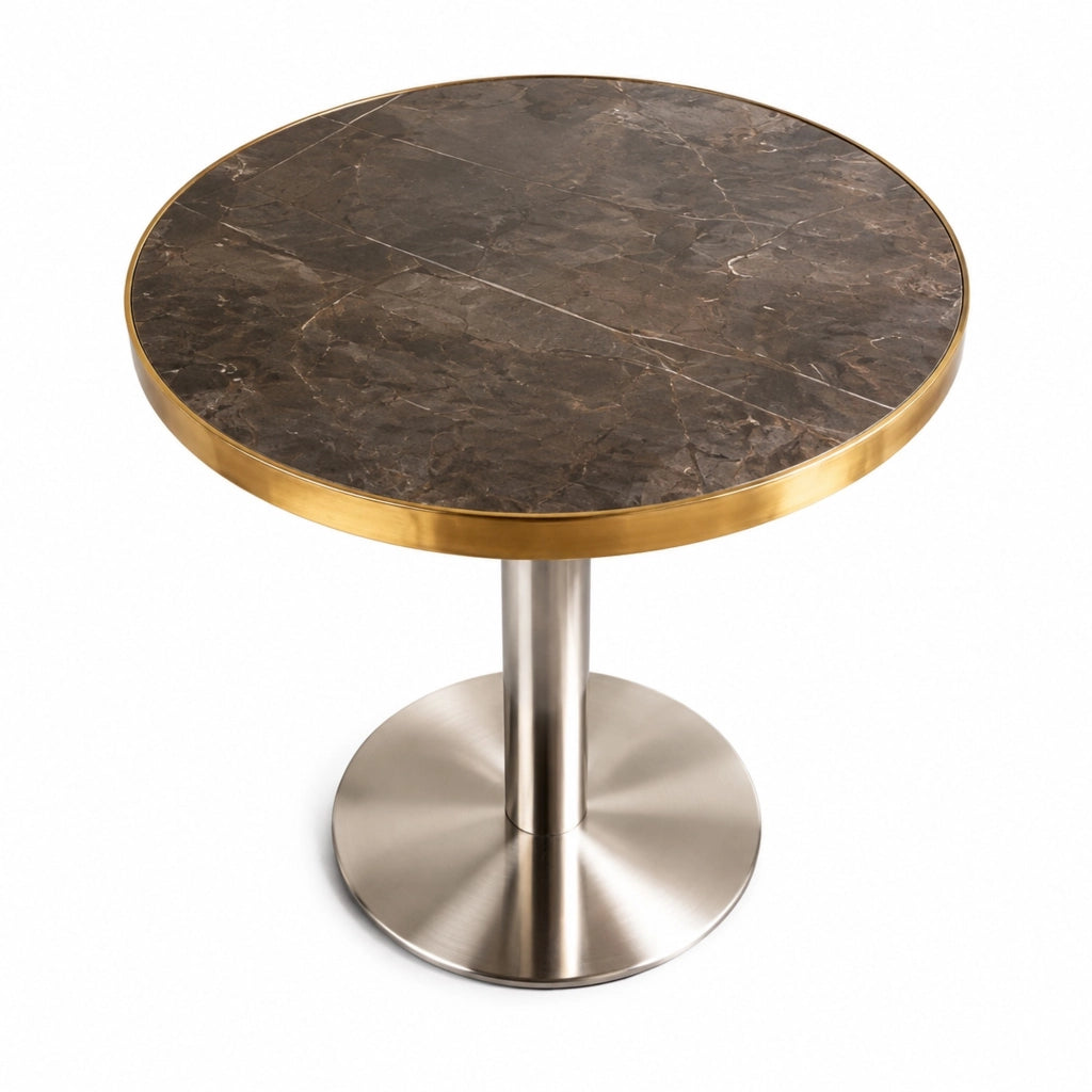 Tavolino rotondo grigio in MDF con piano effetto marmo e bordo dorato
