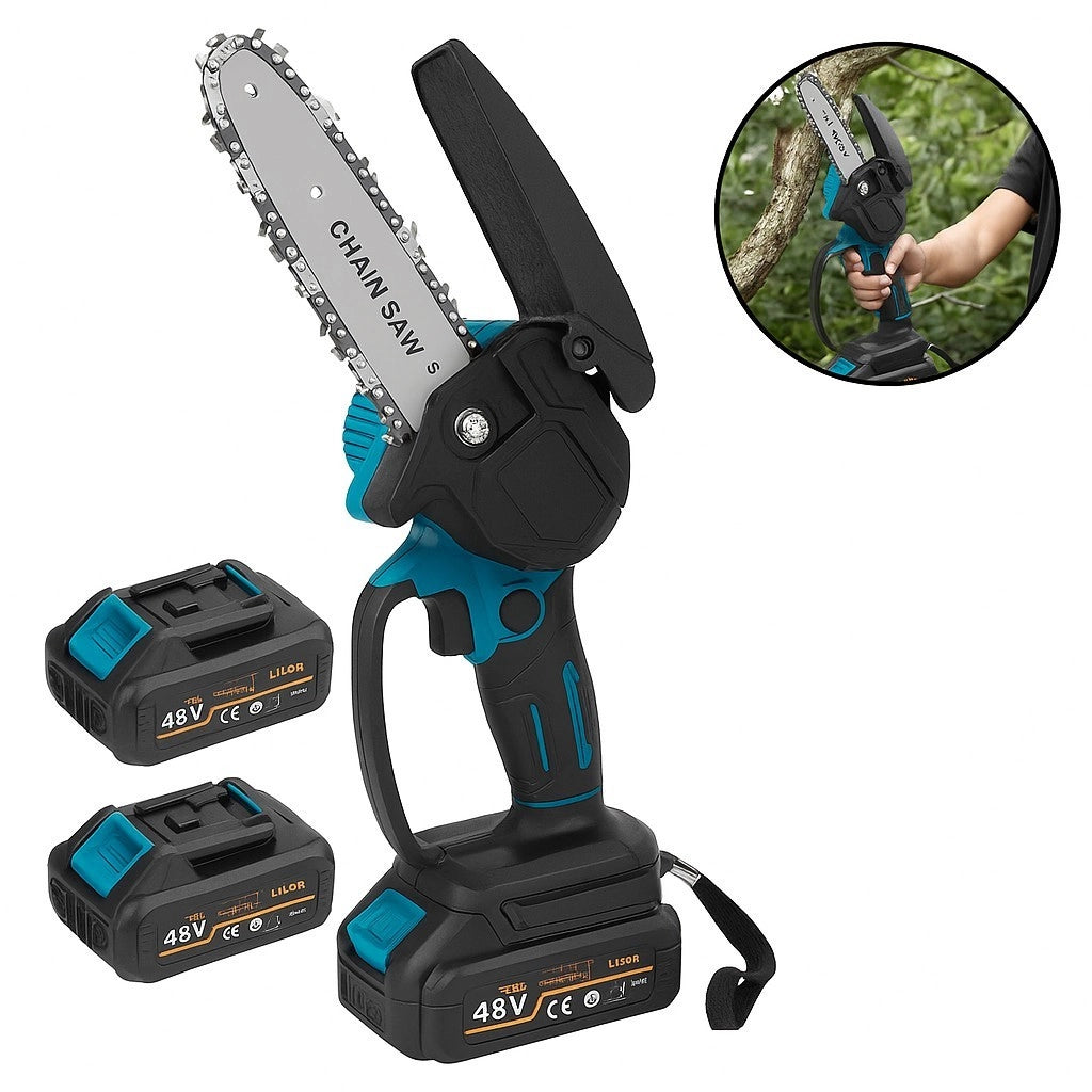 MINI MOTOSEGA 6" PORTATILE RICARICABILE A BATTERIA 48V POTATURA LEGNO SEGA 3568