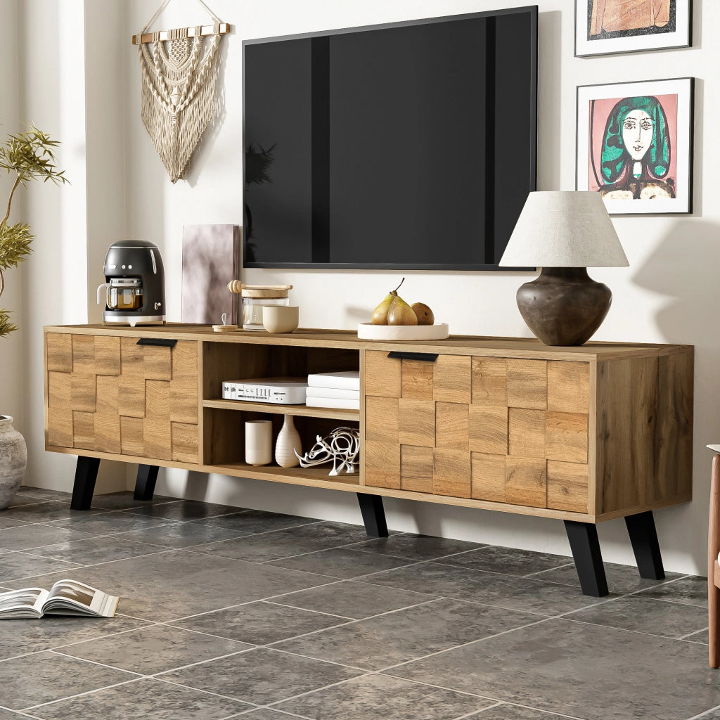 Mobile TV 160.5x35.5x45 cm; 2 ante e 2 vani aperti; chiusure ammortizzate; pannello truciolare; colore naturale