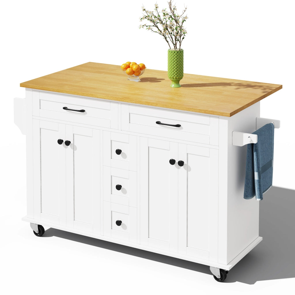 Isola da Cucina Mobile 140x40/65x89 cm Bianca e Legno con Piano Ribaltabile, 5 Cassetti e 5 Ruote
