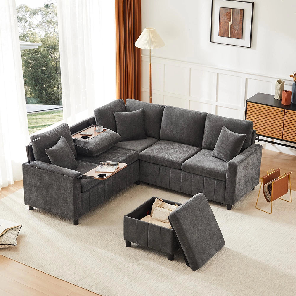 Divano angolare in chenille letto - Xylo - 205¡Á205¡Á85cm - Grigio - USB Type-C luce lettura tavolo