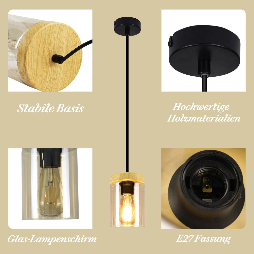 Lampada a sospensione ZMH retr¨° nera E27 da 12 centimetri di diametro in combinazione di legno di metallo e paralume