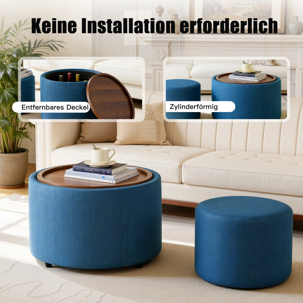 Repose-pied rotondo impilabile in lino con contenitore e vassoio in legno set da 2 salvaspazio blu