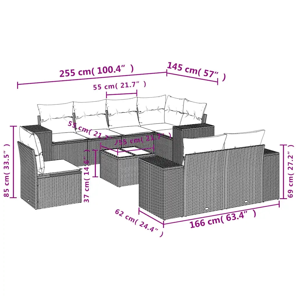 Set Divani da Giardino 9 pz con Cuscini Grigio in Polyrattan 3222850