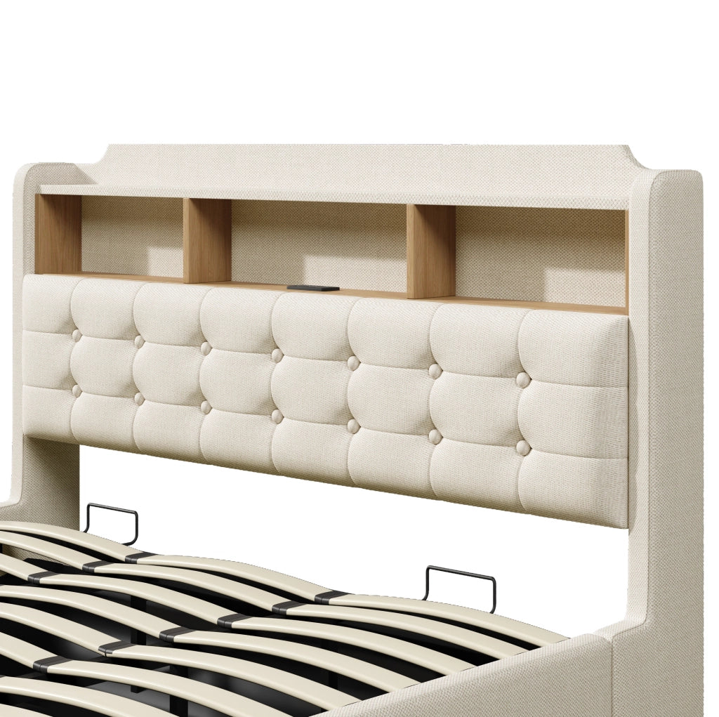 Letto imbottito 180x200 cm beige con contenitore idraulico e LED