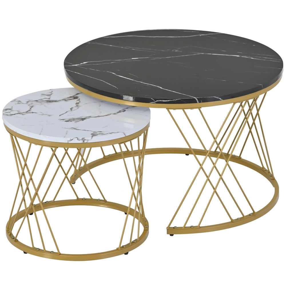 Tavolini da Salotto Set 2 Pezzi Rotondi ¨C MINIMAL ¨C Piano Effetto Marmo, Struttura Metallo Dorato