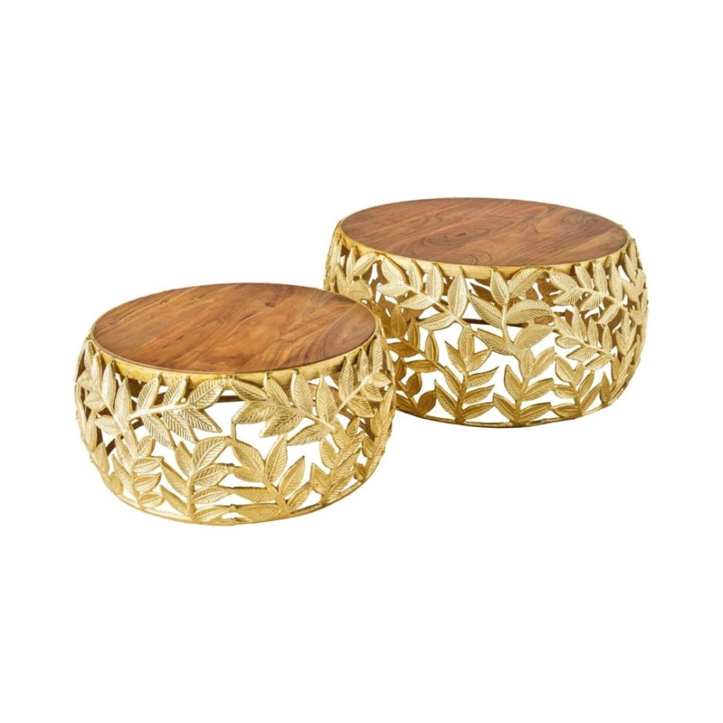 Set di 2 tavolini METRIX dorati con motivo fogliame - Tavolini design in alluminio e legno di acacia