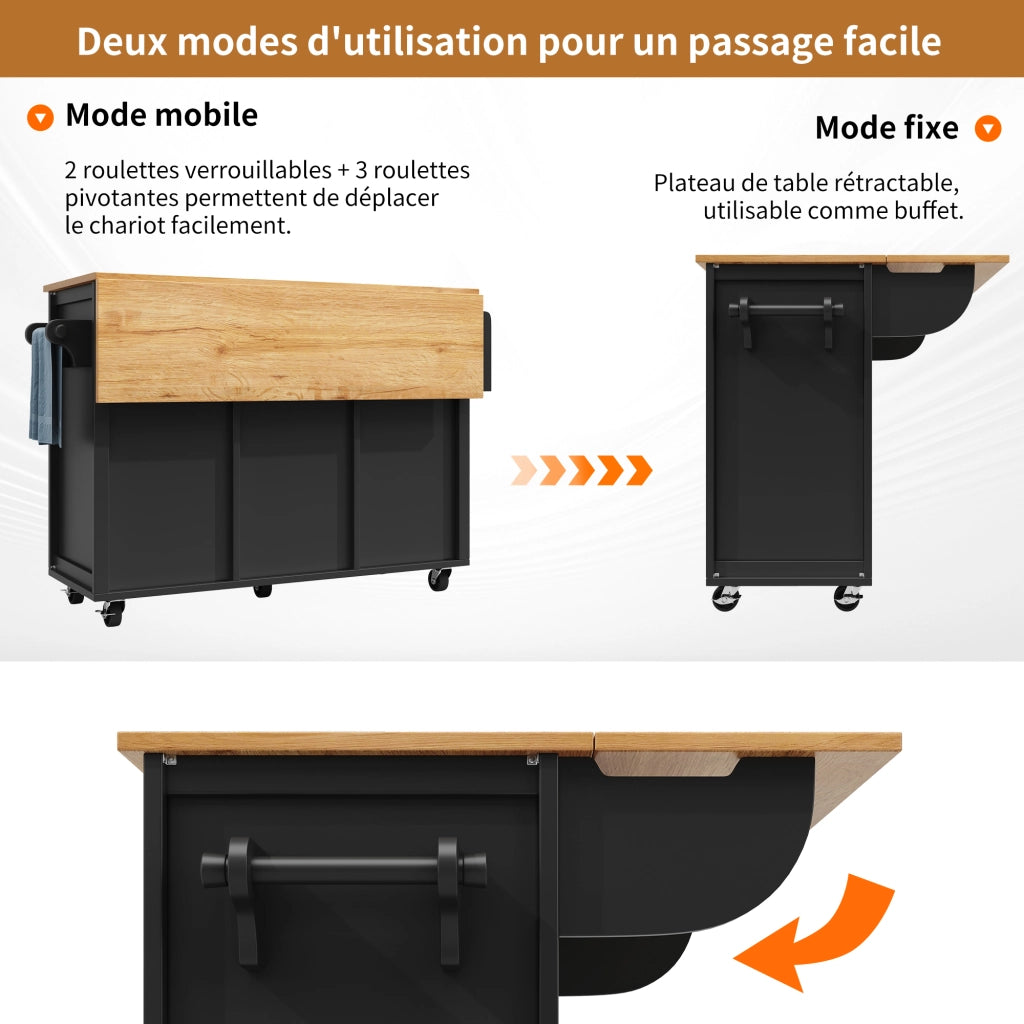 Carrello da Cucina con 2 Cassetti; 2 Ante; Ripiani; Piano Ribaltabile e Portasciugamani; Nero