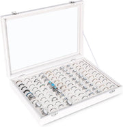 Organizzatore di Anelli Premium a 100 Slot con Coperchio Transparente e Cassetta di Stoccaggio in Velluto per Vetrina e Scatola di Presentazione (Bianco)