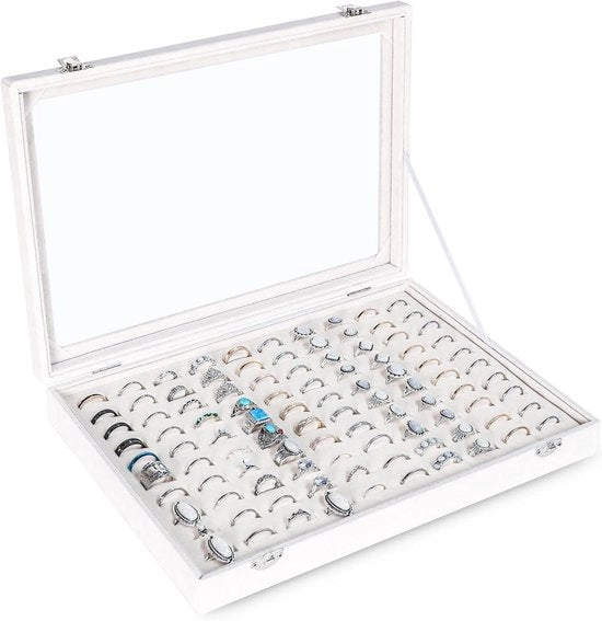 Organizzatore di Anelli Premium a 100 Slot con Coperchio Transparente e Cassetta di Stoccaggio in Velluto per Vetrina e Scatola di Presentazione (Bianco)