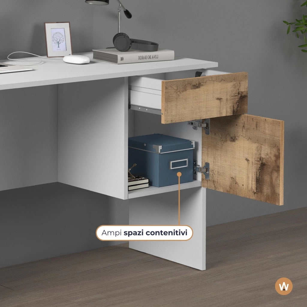 WHOUS Scrivania Easy 1 anta e 1 cassetto bianco opaco e acero 110x50x75 cm