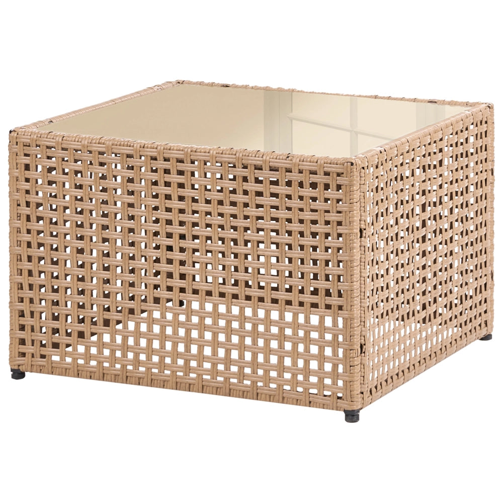 Divano da esterno con tavolino in rattan PE beige chiaro a 2 posti con struttura in metallo cuscini per seduta e schienale piano in vetro stile moderno
