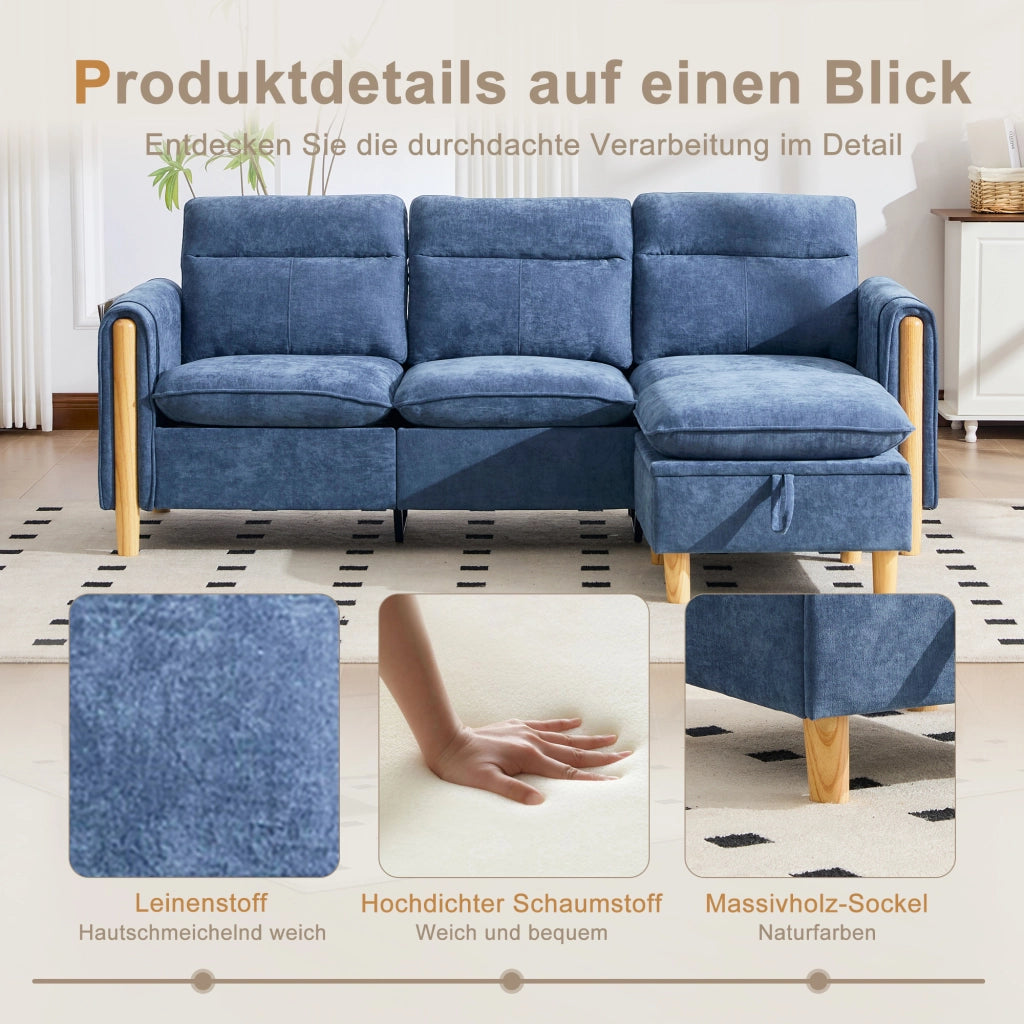 Divano angolare reversibile in chenille con pouf contenitore e tasche laterali in legno massello blu
