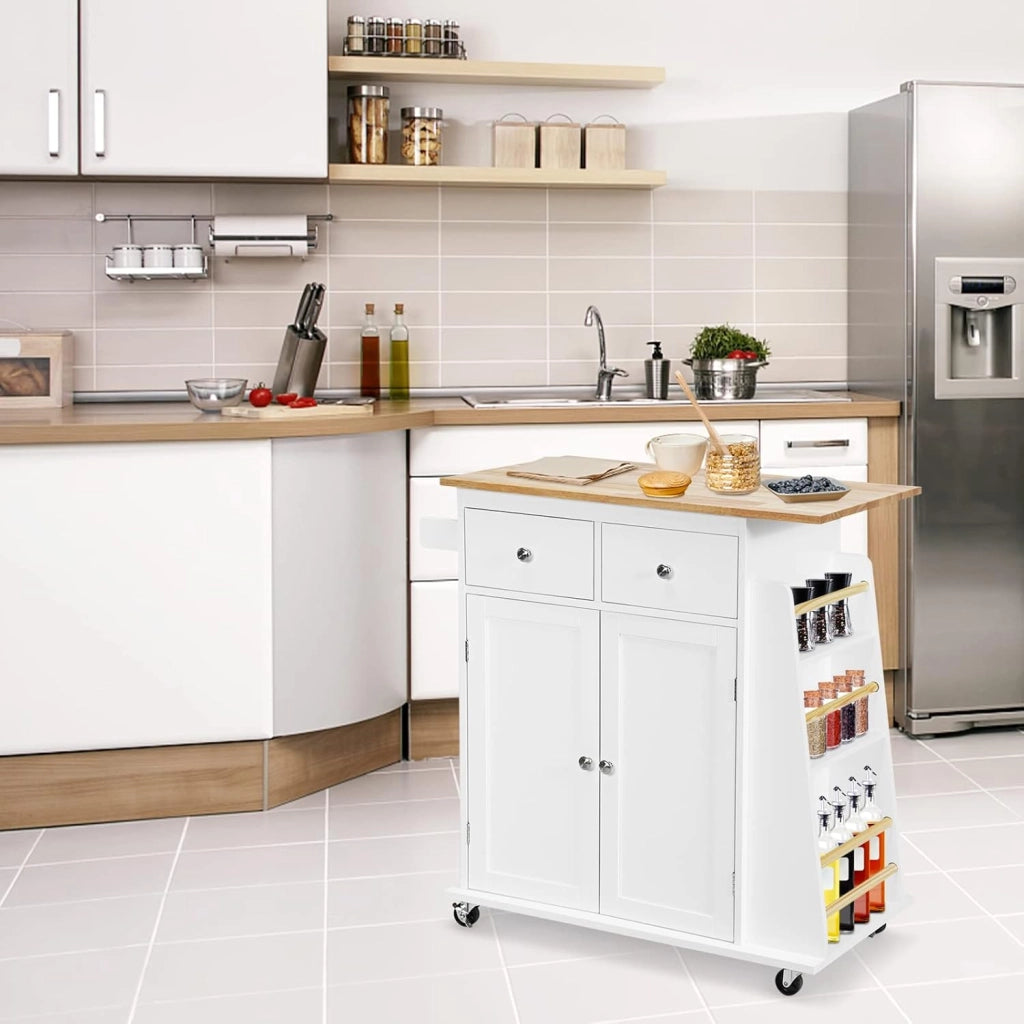 Credenza, Carrello di Servizio con Ruote Regolabile con Portaspezie a 3 Livelli, Armadio in Cucina con 2 Cassetti e 2 Porte, 2 Colori, 88x45x89,5cm