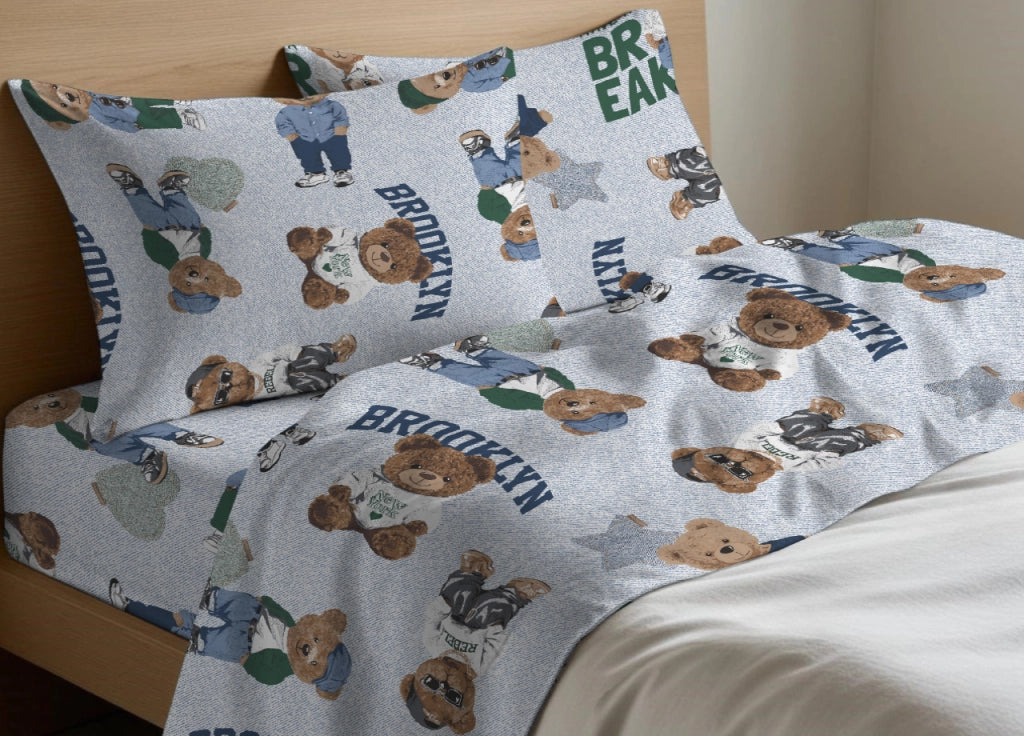 Completo Lenzuola Letto In 100% Cotone Made Italy Disegno Teddy - Piazza E Mezza - Azzurro