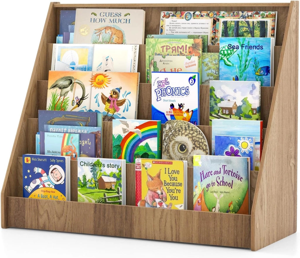Libreria Montessoriana per Bambini a 5 Livelli, Scaffali Espositivi con Spazio Nascosto sul Retro e Antiribaltamento, per Cameretta, Soggiorno e Asilo Nido, 91 x 38 x 76,5 cm (Naturale)