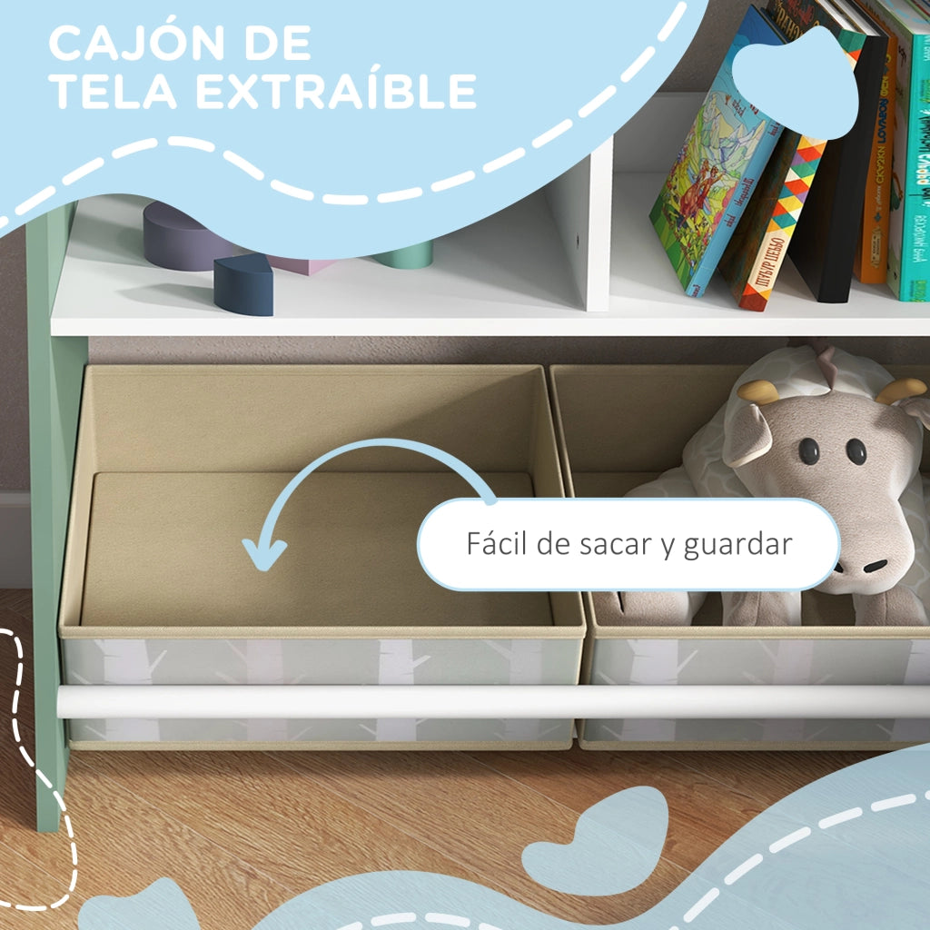 Libreria per bambini con ripiani aperti e 2 contenitori estraibili ¨C Zephmum ¨C Verde 62,4x26,5x90 cm