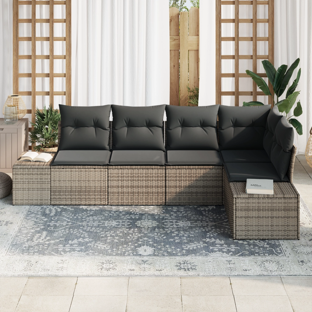 Set divano da giardino a 5 pezzi con cuscini Grigio Polirattan